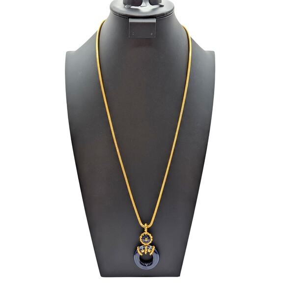 Nautical Navy Enamel Life Preserver Pendant Gold Tone Long Snake Chain Necklace - Picture 1 of 6